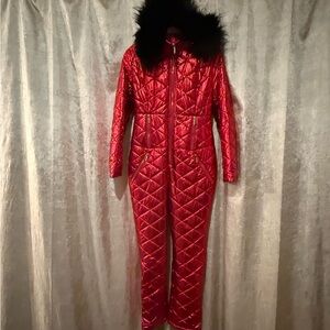 Metallic Red Women’s Snowsuit with Faux Fur Trim – Size Medium - NWOT